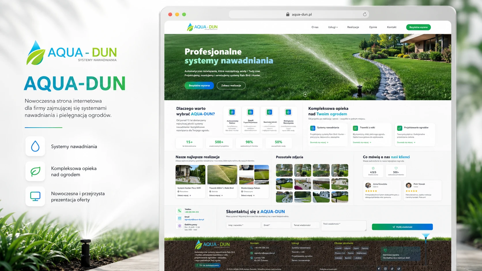 The AQUA-DUN site on a laptop screen: an opening section with a working sprinkler, service tiles, a project gallery and a contact form.