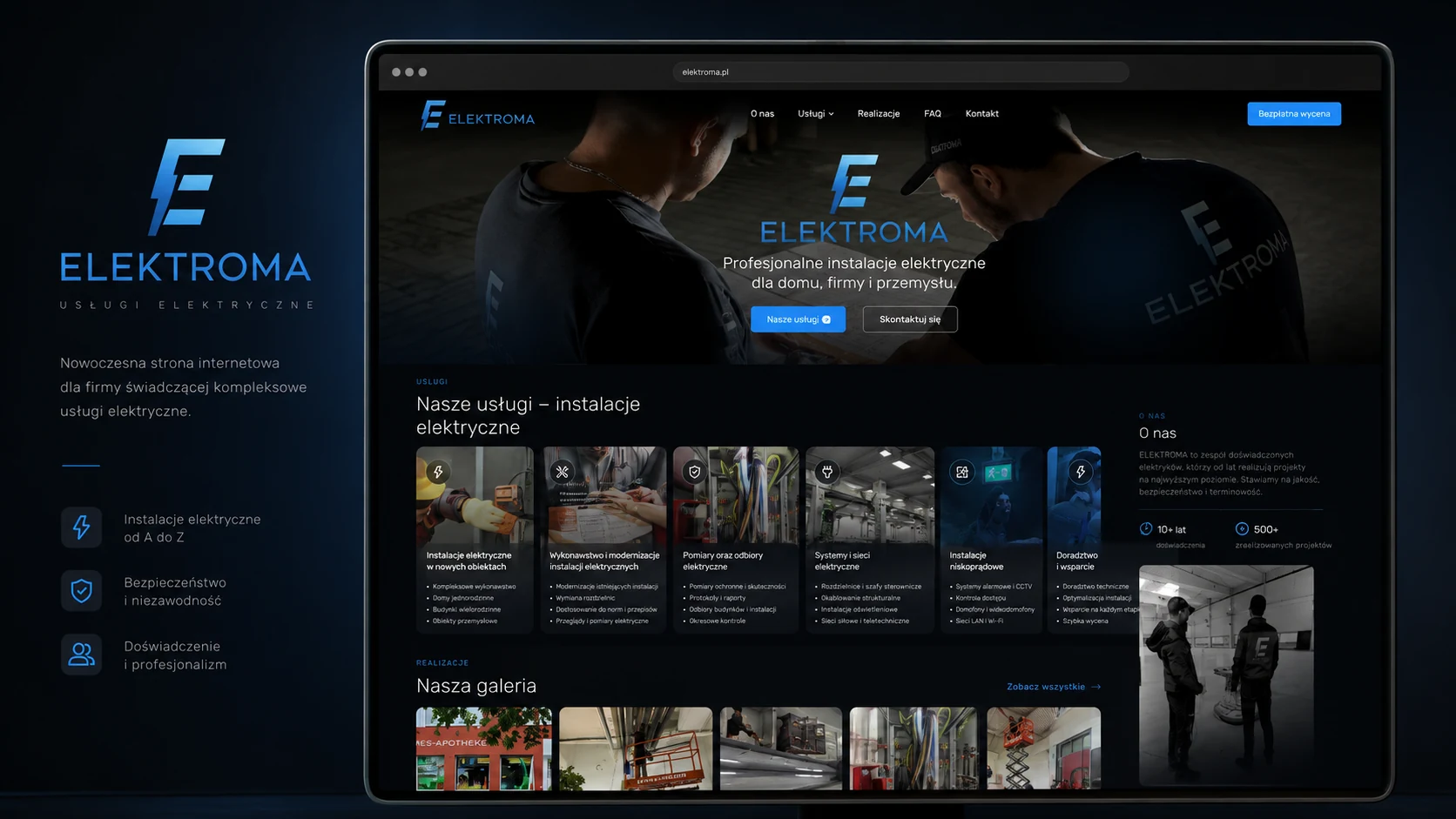 Die ELEKTROMA-Website auf einem Laptop: dunkler Startbereich mit Elektrikern bei der Arbeit, sechs Leistungskarten und eine Galerie umgesetzter Anlagen.